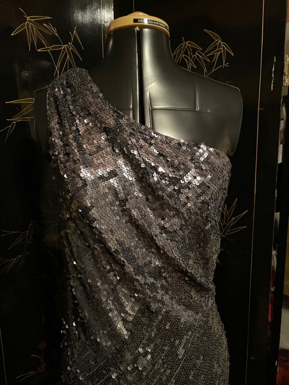 NWT ABS One-Shoulder Sequin Dress in Charcoal